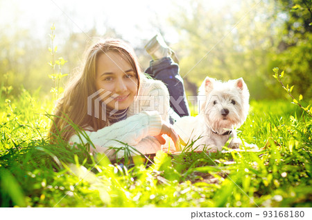 woman with terrier woman with terrier 93168180