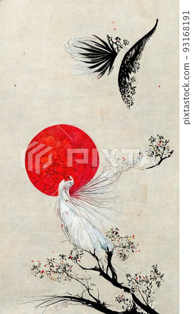A beautiful bird on a sakura against the red sun. An abstract drawing. Perfect for phone wallpaper or for posters. 93168191