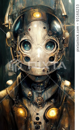 Portrait of a retro steampunk astronaut. The robot poses in an astronaut costume and a space helmet. Perfect for phone wallpaper or for posters. 93168253