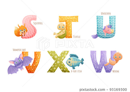 Animal Near Big Alphabet Letter with Name for Preschool Education Vector Set Animal Near Big Alphabet Letter with Name for Preschool Education Vector Set 93169300