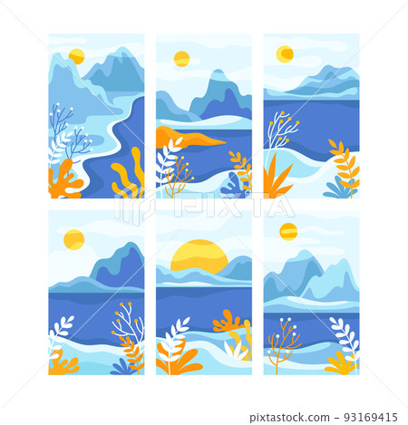 Blue Day Abstract Landscape with Mountains and Sun in the Sky Vector Set Blue Day Abstract Landscape with Mountains and Sun in the Sky Vector Set 93169415