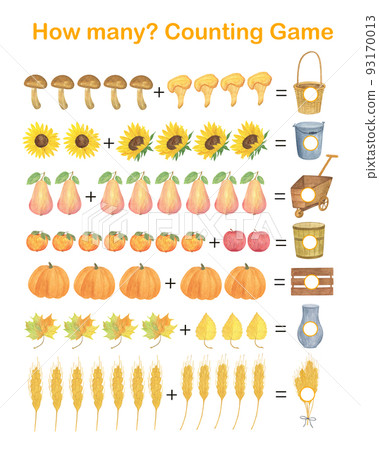 How many counting educational game for kids with autumn elements, watercolor illustration, educational puzzle, printable worksheet for kids, leisure or study game, teachers resources 93170013