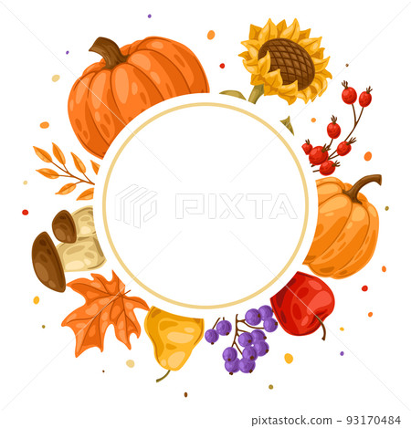 Frame with autumn plants. Harvest illustration of vegetables and leaves. Frame with autumn plants. Harvest illustration of vegetables and leaves. 93170484