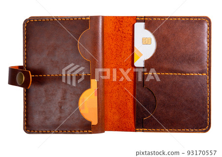 Open brown mens wallet with credit cards 93170557