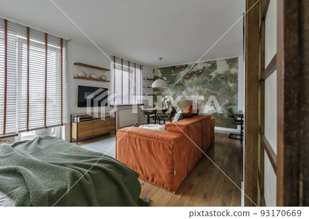 Modern Japandi interior design appartment in earth tones, natural textures with wooden solid oak furniture and sliding Japanese wood doors. Japandi concept 93170669