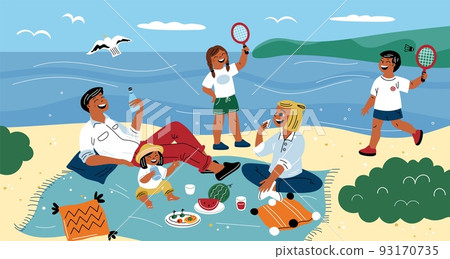Sea picnic. Happy beautiful family eat and drink on sands shore. Children play badminton. Summer beach vacation. Cartoon parents with kids on blanket. Weekend rest. Garish vector concept 93170735