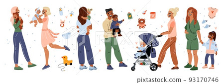 Moms with newborn babies. Parents hold little children in arms. Happy maternity. Toddler in stroller. Mother love. Father walking with infants. Pregnant woman. Garish vector motherhood set 93170746