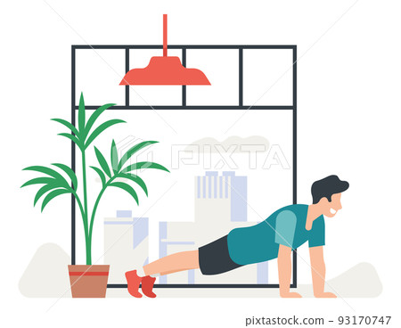 Man doing morning exercise in home interior 93170747