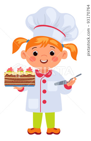 Girl chef with baked cake. Kid cooking dessert Girl chef with baked cake. Kid cooking dessert 93170764