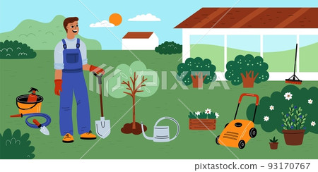 Garden work. Horticulture hobby and lifestyle. Guy in work clothes. Man planting trees in backyard. Plants care agricultural tools. Gardener watering seedlings. Garish vector concept Garden work. Horticulture hobby and lifestyle. Guy in work clothes. Man planting trees in backyard. Plants care agricultural tools. Gardener watering seedlings. Garish vector concept 93170767