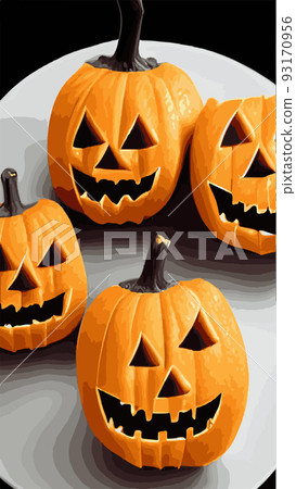 main symbol happy Halloween holiday. Orange pumpkin with a smile and a grimace for your design for a festive Halloween. Vector illustration. vertical composition, Vintage evil pumpkin in dark style 93170956