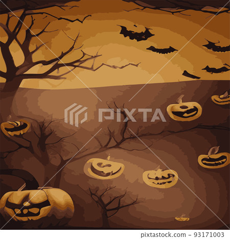 Halloween. Mystical bats old cemetery background on a scary castle, orange shades. Concept for banner, poster, flyer, cards or party invitations. Vintage cartoon style. Vector illustration, copy space Halloween. Mystical bats old cemetery background on a scary castle, orange shades. Concept for banner, poster, flyer, cards or party invitations. Vintage cartoon style. Vector illustration, copy space 93171003