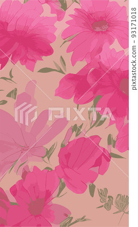 Vector bright drawing with stylized pink flowers. Cute summer background with flowers pattern. Floral pattern for fabric and paper with a spring and summer vibe. bright floral spots. Vertical Format 93171018