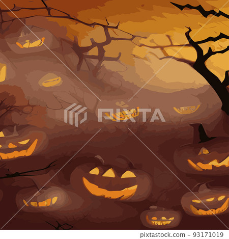 Halloween. Mystical bats old cemetery background on a scary castle, orange shades. Concept for banner, poster, flyer, cards or party invitations. Vintage cartoon style. Vector illustration, copy space Halloween. Mystical bats old cemetery background on a scary castle, orange shades. Concept for banner, poster, flyer, cards or party invitations. Vintage cartoon style. Vector illustration, copy space 93171019