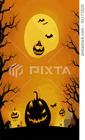 Halloween Background in vintage dark style pumpkin on the front of a dark cemetery. Greeting card for party and sale in vertical format. Autumn holidays. EPS10 vector illustration 93171020
