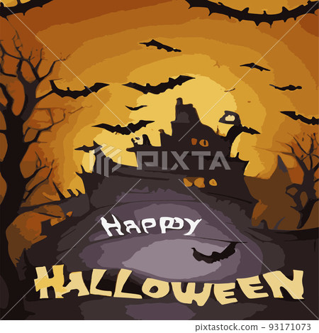 Halloween party invitation with Dracula castle happy halloween lettering, scary pumpkins different bat silhouettes. Invitation or advertising design, Festive autumn background with castle silhouette 93171073