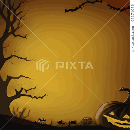 Happy Halloween poster for invitation in vintage style. Illustration Halloween Night Poster Pumpkin with copy space, silhouette scary forest with bats for designer to create banner or web page. 93171076