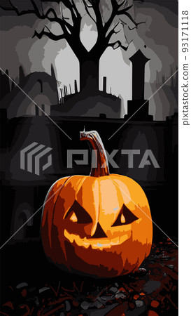 Halloween Background in vintage dark style pumpkin on the front of a dark cemetery. Greeting card for party and sale in vertical format. Autumn holidays. EPS10 vector illustration 93171118