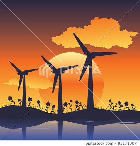 Wind turbine silhouette at sunset - Stock Illustration [93171307] - PIXTA
