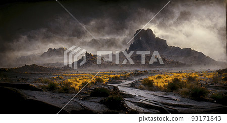 Rural Remote Natural Place With Rocky Wildness, Muddy Landscape with Yellow Grass and Dark Grey Gloomy Cloudy Sky Rural Remote Natural Place With Rocky Wildness, Muddy Landscape with Yellow Grass and Dark Grey Gloomy Cloudy Sky 93171843