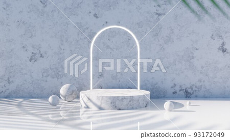 Product display podium with marble wall and leaves shadow. 3D podium illustration render. 93172049