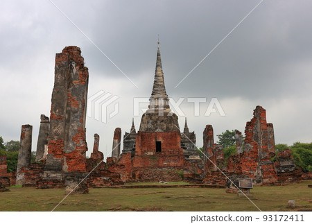 Ancient pagoda, Ruins of pagoda at Wat Phra Si Sanphet temple in Ayutthaya historical park, Ruins of the old capital of Siam Kingdom in Thailand. Ancient pagoda, Ruins of pagoda at Wat Phra Si Sanphet temple in Ayutthaya historical park, Ruins of the old capital of Siam Kingdom in Thailand. 93172411