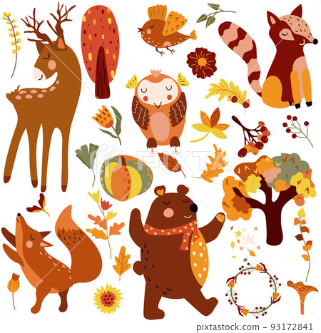 Autumn set, cute woodland animals cute deer, cunning fox, owl and others autumn elements, colored trees, autumn leaves, mushrooms. Perfect for web, harvest festival, banner, card and Thanksgiving. 93172841