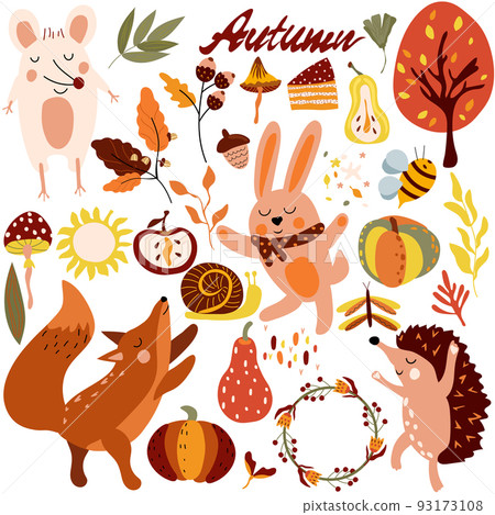 Autumn set, cute woodland animals and elements autumn, a mouse, cunning fox, a dancing hedgehog, colored trees, leaves, mushrooms. Perfect for web, harvest festival, banner, card and Thanksgiving. 93173108