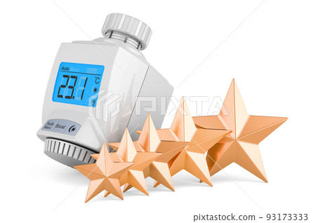 Digital radiator thermostatic valve with five golden stars. 3D rendering 93173333