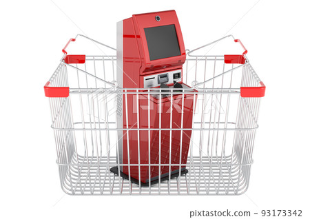 Shopping basket with financial services kiosk, digital touchscreen terminal. 3D rendering 93173342