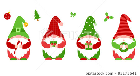 A set of small Christmas dwarfs in red, green clothes and hats, who hold New Year's attributes in their hands.Cute little gnomes, cartoon characters. Color vector illustration in flat style on white. A set of small Christmas dwarfs in red, green clothes and hats, who hold New Year's attributes in their hands.Cute little gnomes, cartoon characters. Color vector illustration in flat style on white. 93173641