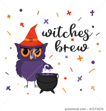 Owl witch in the hat adds an eye to boiling potion in the cauldron. A postcard with decorative elements and hand lettering phrase - Witches brew. Color flat vector illustration isolated on white. Owl witch in the hat adds an eye to boiling potion in the cauldron. A postcard with decorative elements and hand lettering phrase - Witches brew. Color flat vector illustration isolated on white. 93173678