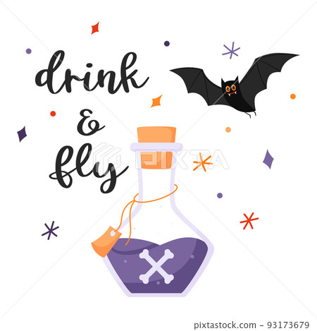 A flask with poison and bones and a hand lettering phrase Drink and fly. A postcard with decorative elements and a bat for Halloween. Color flat vector illustration isolated on a white background. A flask with poison and bones and a hand lettering phrase Drink and fly. A postcard with decorative elements and a bat for Halloween. Color flat vector illustration isolated on a white background. 93173679