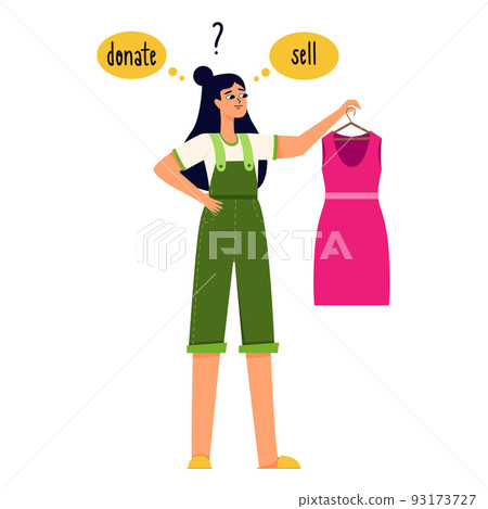 A young girl with dark hair is holding a pink dress in her hands and is thinking of donating it or selling it.The theme of reasonable consumption, cluttering, sorting clothes.Flat vector illustration. A young girl with dark hair is holding a pink dress in her hands and is thinking of donating it or selling it.The theme of reasonable consumption, cluttering, sorting clothes.Flat vector illustration. 93173727