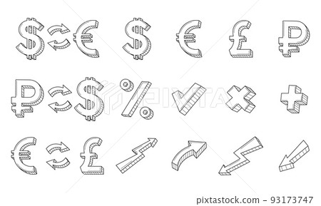 A set of linear business, icons. Currency exchange symbols, ruble, dollar, euro, pound, arrows. The growth and fall of the currency. Hand-drawn black and white vector illustration. Isolated on white. A set of linear business, icons. Currency exchange symbols, ruble, dollar, euro, pound, arrows. The growth and fall of the currency. Hand-drawn black and white vector illustration. Isolated on white. 93173747