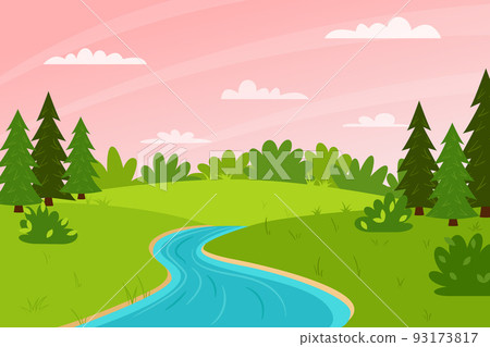Horizontal spring summer landscape. Sunset, pink sky. A forest with trees, bushes, and a stream or river. Clear weather. Color vector illustration. Nature background with empty space for text Horizontal spring summer landscape. Sunset, pink sky. A forest with trees, bushes, and a stream or river. Clear weather. Color vector illustration. Nature background with empty space for text 93173817