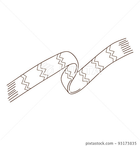 Scarf with a pattern. Autumn and winter clothing. Design element with outline. The theme of winter, autumn. Doodle, hand-drawn. Black white vector illustration. Isolated on white 93173835