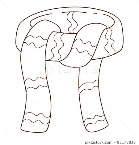 Scarf with a pattern. Autumn and winter clothing. Design element with outline. Theme of winter, autumn. Doodle, hand-drawn. Black white vector illustration. Isolated on a white background 93173836