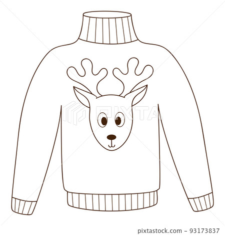Jacket with a cute deer. A warm sweater. Autumn clothing. Design element with outline. Autumn theme. Doodle, hand-drawn. Black white vector illustration.Isolated on a white background. Jacket with a cute deer. A warm sweater. Autumn clothing. Design element with outline. Autumn theme. Doodle, hand-drawn. Black white vector illustration.Isolated on a white background. 93173837