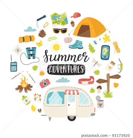 A set of elements for camping, travel, picnic, tourism. Tourist inventory. Round composition as a print on clothes, postcards, web design. Flat vector illustrations isolated on a white background. A set of elements for camping, travel, picnic, tourism. Tourist inventory. Round composition as a print on clothes, postcards, web design. Flat vector illustrations isolated on a white background. 93173920