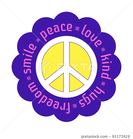 Y2K patch. A sticker with a symbol of peace and the words - Love, kind, smile, freedom arranged in a circle. Text graphic element in bright acid colors. Simple vector illustration isolated on a white 93173928