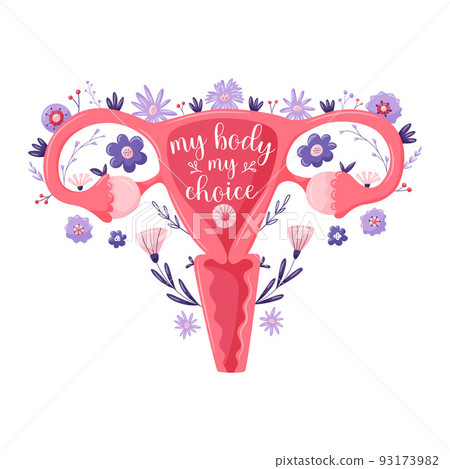 My body my choice. Uterus with flowers, female reproductive system. Concept of female rights to abortion. Abortion flyer pro choice campaign. Women's right slogan. Flat vector illustration. 93173982