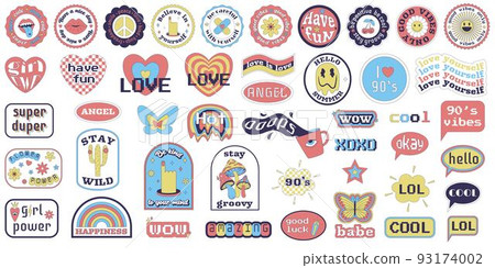 A set of y2k stickers with text motivational, positive phrases. Big collection of stickers from 2000s in geometric shapes with weird surreal elements. Retro pale colors. Vector illustration on white 93174002