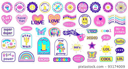 Set of Y2K aesthetic stickers and labels, vector illustrations