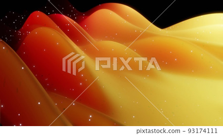 3d rendering. Abstract 3D surface with beautiful waves, luminous sparkles and bright red yellow color gradient. Waves on matte surface with glow glitter 3d rendering. Abstract 3D surface with beautiful waves, luminous sparkles and bright red yellow color gradient. Waves on matte surface with glow glitter 93174111