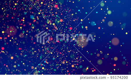 cloud of multicolored particles fly in air slowly or float in liquid like sparkles on dark blue background. Beautiful bokeh light effects with glowing particles. 3d render 93174200