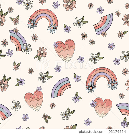 Rainbow and heart seamless pattern. pastel color pink, lilac, beige. Vector rainbow in cartoon scandinavian style for kids wrapping paper, textile, wallpaper, prints, fabric. 93174334