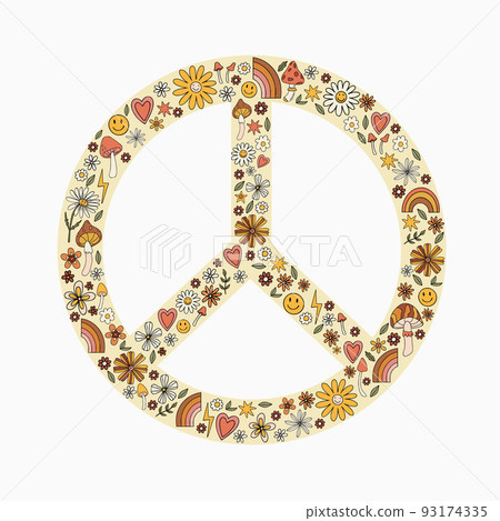 Floral peace symbol. Peace sign. Wildflowers in the shape of a symbol of peace. Peace symbol with flowers in yellow. Vector illustration. 93174335