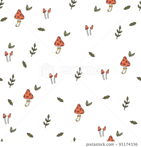Seamless pattern with cute red mushrooms and leaves on white background. Autmn simple pattern. 93174336