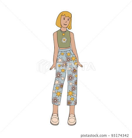 A girl in blue jeans with flowers and a green blouse with chamomile. The girl has orange hair. hippie groovy girl. A girl in blue jeans with flowers and a green blouse with chamomile. The girl has orange hair. hippie groovy girl. 93174342